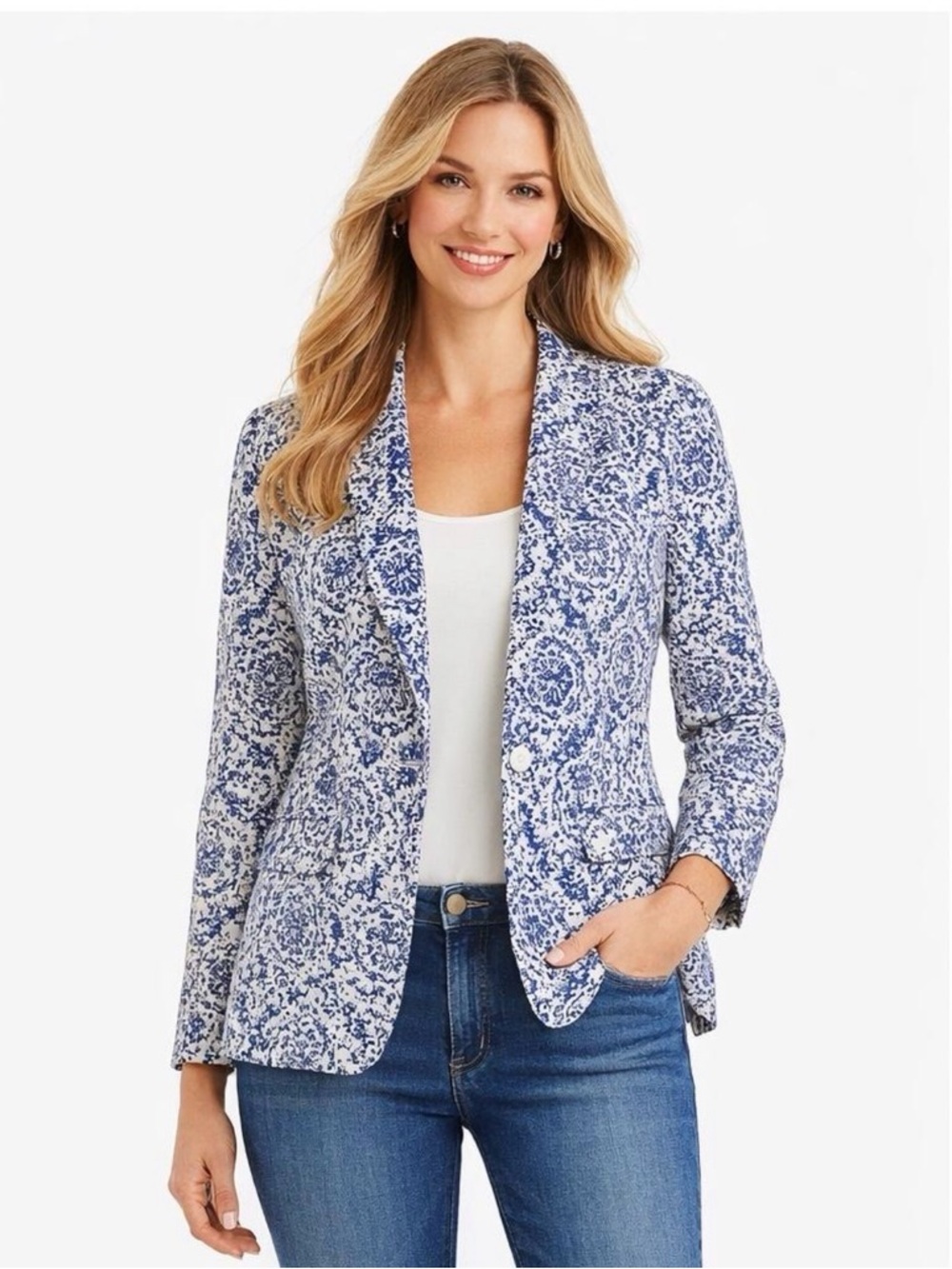 Talbots Blue White Printed Blazer lightweight NWT Stretch Tailored Jacket Sz M